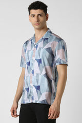 Men's Blue Party Regular Fit Printed Half Sleeves Shirt