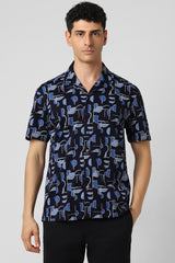 Men's Blue Party Slim Fit Printed Half Sleeves Shirt