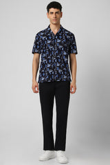 Men's Blue Party Slim Fit Printed Half Sleeves Shirt