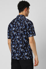 Men's Blue Party Slim Fit Printed Half Sleeves Shirt