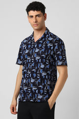 Men's Blue Party Slim Fit Printed Half Sleeves Shirt