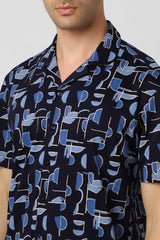Men's Blue Party Slim Fit Printed Half Sleeves Shirt