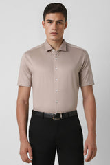 Men's Beige Work Regular Fit Solid Half Sleeves Shirt