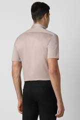 Men's Beige Work Regular Fit Solid Half Sleeves Shirt