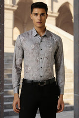 Men's Grey Party Slim Fit Printed Full Sleeves Shirt