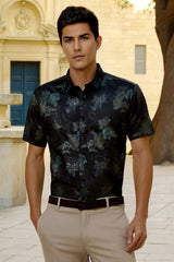 Men's Green Party Slim Fit Printed Half Sleeves Shirt