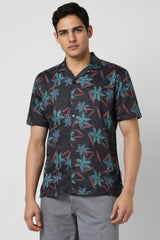 Men's Black Party Regular Fit Printed Half Sleeves Shirt