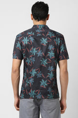 Men's Black Party Regular Fit Printed Half Sleeves Shirt