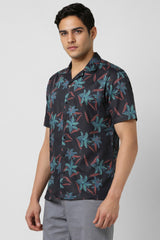 Men's Black Party Regular Fit Printed Half Sleeves Shirt