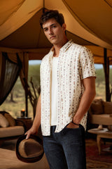 Men's Beige Casual Printed Slim Fit Half Sleeves Shirt