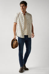 Men's Beige Casual Printed Slim Fit Half Sleeves Shirt