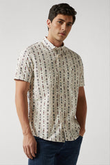 Men's Beige Casual Printed Slim Fit Half Sleeves Shirt