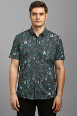 Men's Green Casual Printed Slim Fit Half Sleeves Shirt
