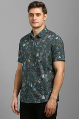 Men's Green Casual Printed Slim Fit Half Sleeves Shirt