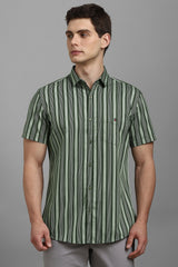 Men's Olive Casual Striped Slim Fit Half Sleeves Shirt