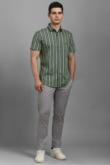 Men's Olive Casual Striped Slim Fit Half Sleeves Shirt