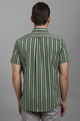 Men's Olive Casual Striped Slim Fit Half Sleeves Shirt