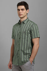 Men's Olive Casual Striped Slim Fit Half Sleeves Shirt