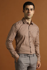Men's Brown Work Slim Fit Checked Full Sleeves Shirt