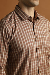 Men's Brown Work Slim Fit Checked Full Sleeves Shirt