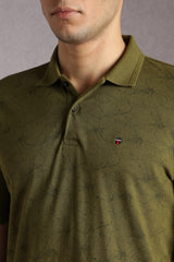 Men's Green Casual Printed Slim Fit Half Sleeves Polo Tshirt