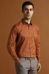 Men's Brown Work Slim Fit Striped Full Sleeves Shirt