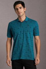 Men's Green Casual Printed Slim Fit Half Sleeves Polo Tshirt