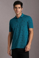 Men's Green Casual Printed Slim Fit Half Sleeves Polo Tshirt