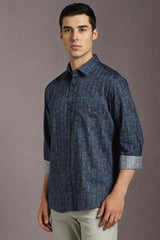 Men's Navy Casual Printed Slim Fit Full Sleeves Shirt