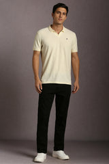Men's Beige Casual Printed Slim Fit Half Sleeves Polo Tshirt