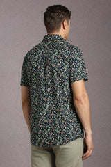 Men's Navy Casual Printed Slim Fit Half Sleeves Shirt