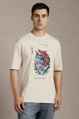 Men's Beige Casual Printed Oversized Half Sleeves Tshirt
