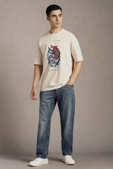 Men's Beige Casual Printed Oversized Half Sleeves Tshirt