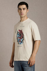 Men's Beige Casual Printed Oversized Half Sleeves Tshirt