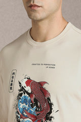 Men's Beige Casual Printed Oversized Half Sleeves Tshirt