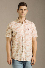 Men's Beige Casual Printed Slim Fit Half Sleeves Shirt