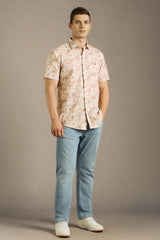 Men's Beige Casual Printed Slim Fit Half Sleeves Shirt