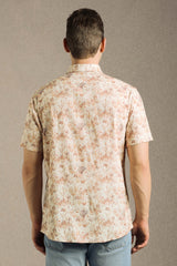 Men's Beige Casual Printed Slim Fit Half Sleeves Shirt