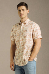 Men's Beige Casual Printed Slim Fit Half Sleeves Shirt