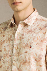 Men's Beige Casual Printed Slim Fit Half Sleeves Shirt