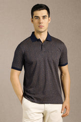 Men's Blue Casual Printed Slim Fit Half Sleeves Polo Tshirt