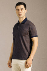Men's Blue Casual Printed Slim Fit Half Sleeves Polo Tshirt