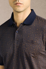 Men's Blue Casual Printed Slim Fit Half Sleeves Polo Tshirt