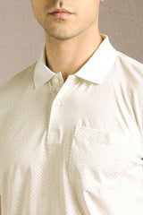 Men's White Casual Printed Slim Fit Half Sleeves Polo Tshirt