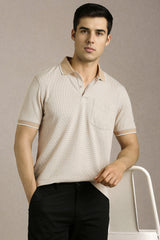 Men's Beige Casual Printed Slim Fit Half Sleeves Polo Tshirt