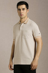 Men's Beige Casual Printed Slim Fit Half Sleeves Polo Tshirt