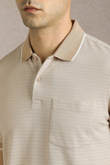 Men's Beige Casual Printed Slim Fit Half Sleeves Polo Tshirt