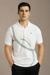 Men's White Casual Printed Slim Fit Half Sleeves Polo Tshirt
