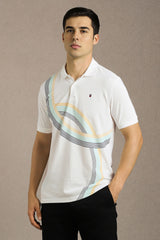 Men's White Casual Printed Slim Fit Half Sleeves Polo Tshirt