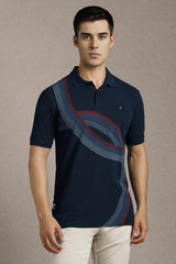 Men's Navy Casual Printed Slim Fit Half Sleeves Polo Tshirt